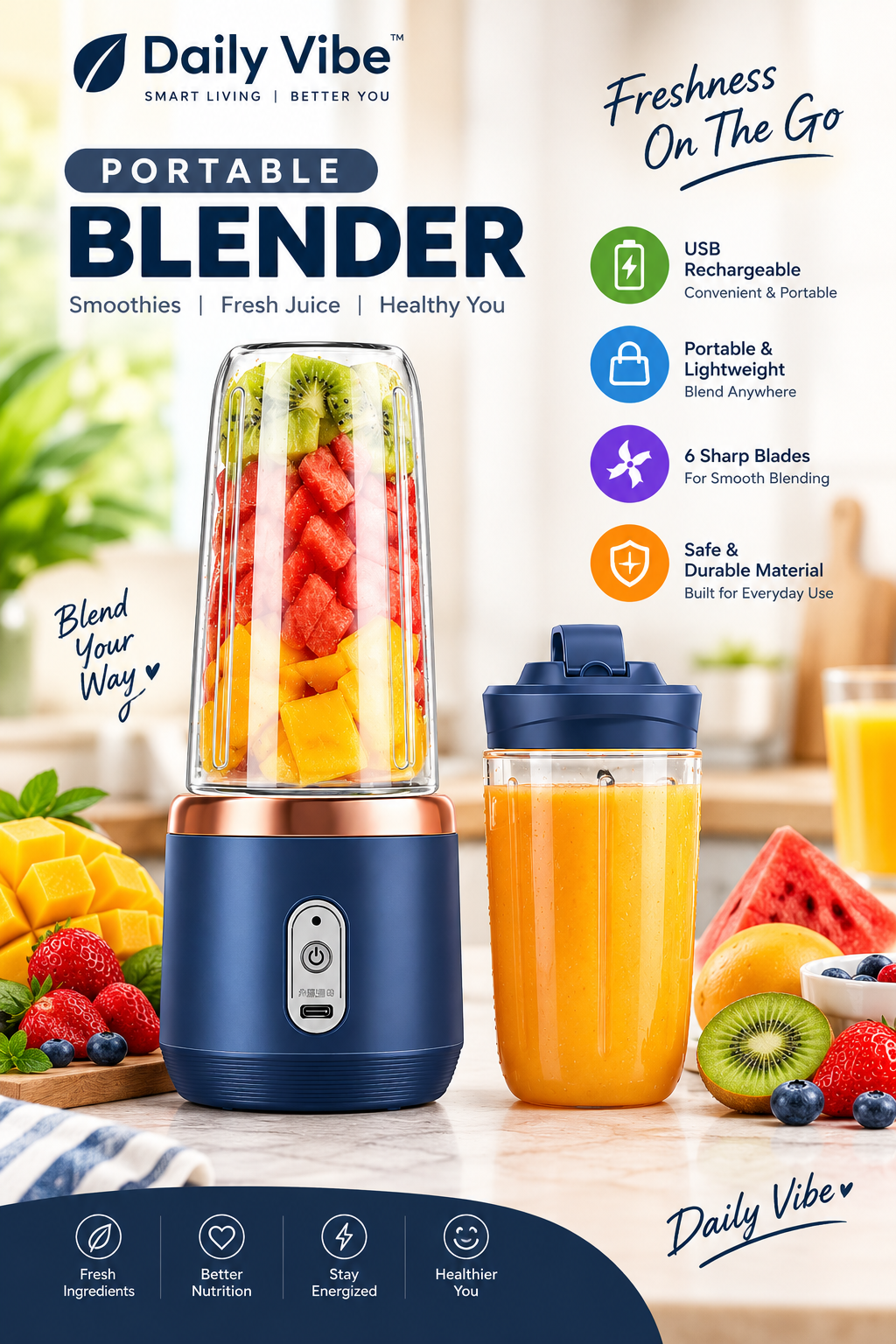 Portable Juice Cup Blender, USB Rechargeable Mini Personal Blender, Portable Smoothie Maker & Fruit Juice Mixer for Home, Travel, Office & Gym