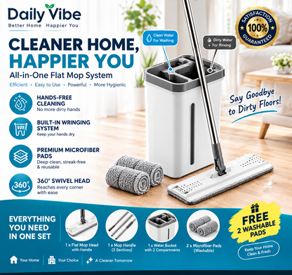 All-in-One Flat Mop with Bucket +  2 Free Pads.