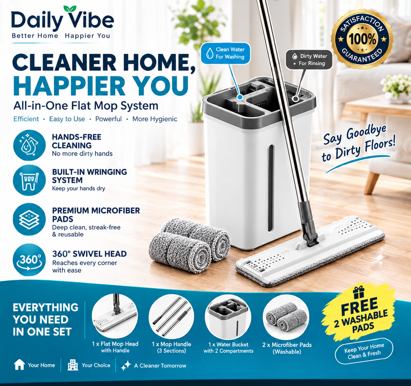 All-in-One Flat Mop with Bucket +  2 Free Pads.
